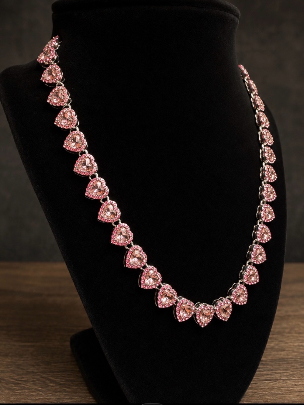 Pink Heart Crystal Tennis Necklace